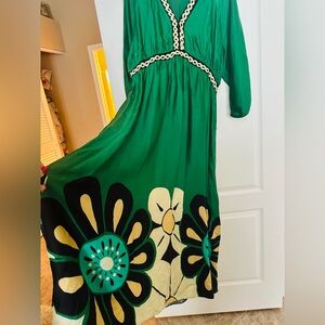 FARM RIO Deep Emerald Green Long Maxi Dress Black & Cream FLORAL Empire Waist XL
